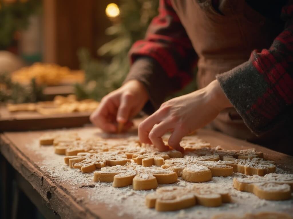 Artisan's hands crafting traditional Alsatian Christmas cookies, Bredele, in a rustic wooden market stall with holiday decorations in background