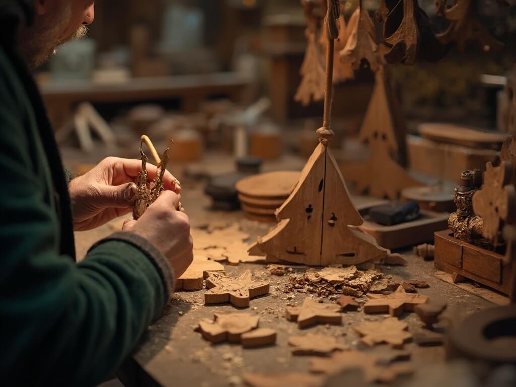 Artisan's hands crafting a traditional Alsatian Christmas ornament at a market stall, showcasing intricate woodworking techniques and tools under warm light