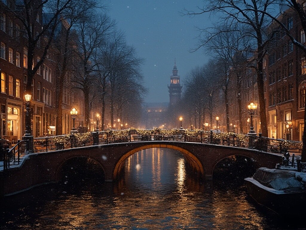 Nighttime view of illuminated Amsterdam canals, ornate bridges with holiday lights, Dutch canal houses with warm interiors, light reflections on water and subtle snowfall