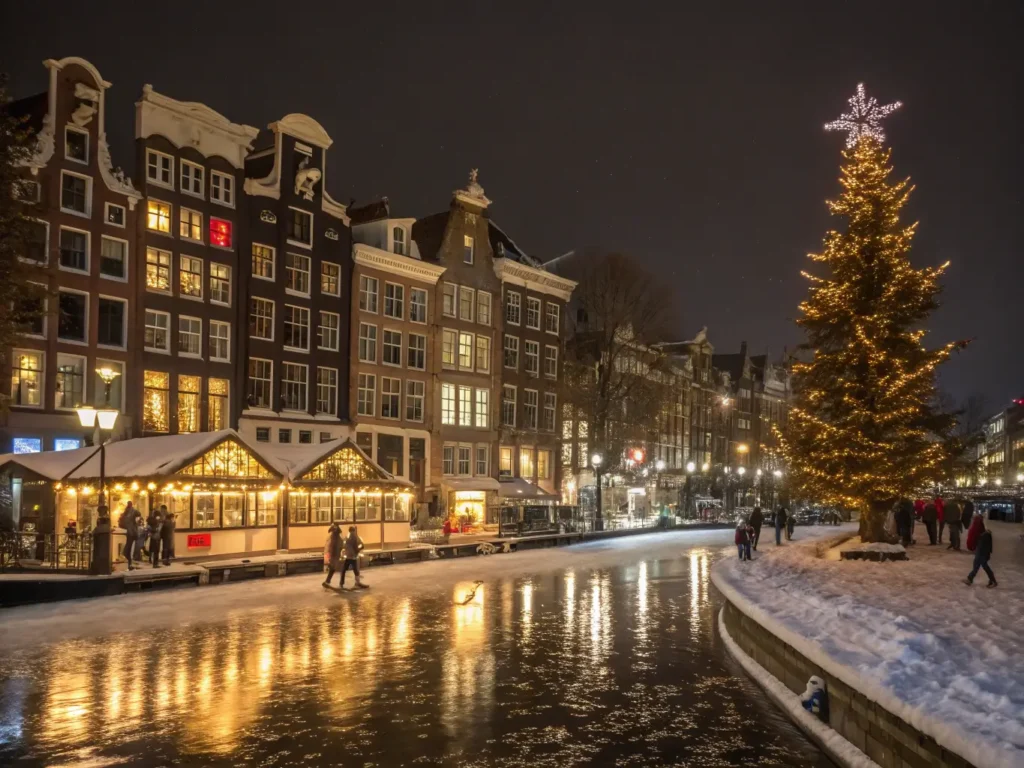 "Amsterdam's canal houses glowing with Christmas lights, Dutch Christmas market, ice skaters, Amsterdam Light Festival art installations, snowfall, festive garlands on traditional architecture, glowing cafes, and decorated Christmas tree by a historic bridge during winter holidays."