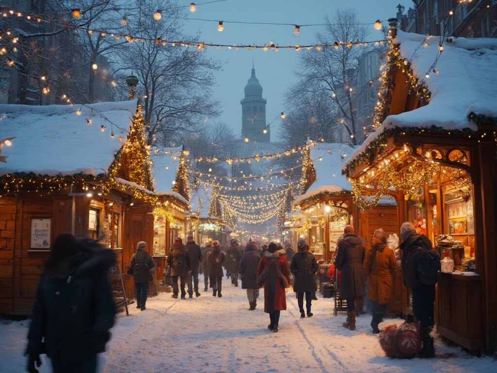 Christmas Market at Museumplein, Amsterdam with snow-covered chalets, twinkling lights and people browsing in warm coats, steam rising from hot drink stands, with historic architecture in the background