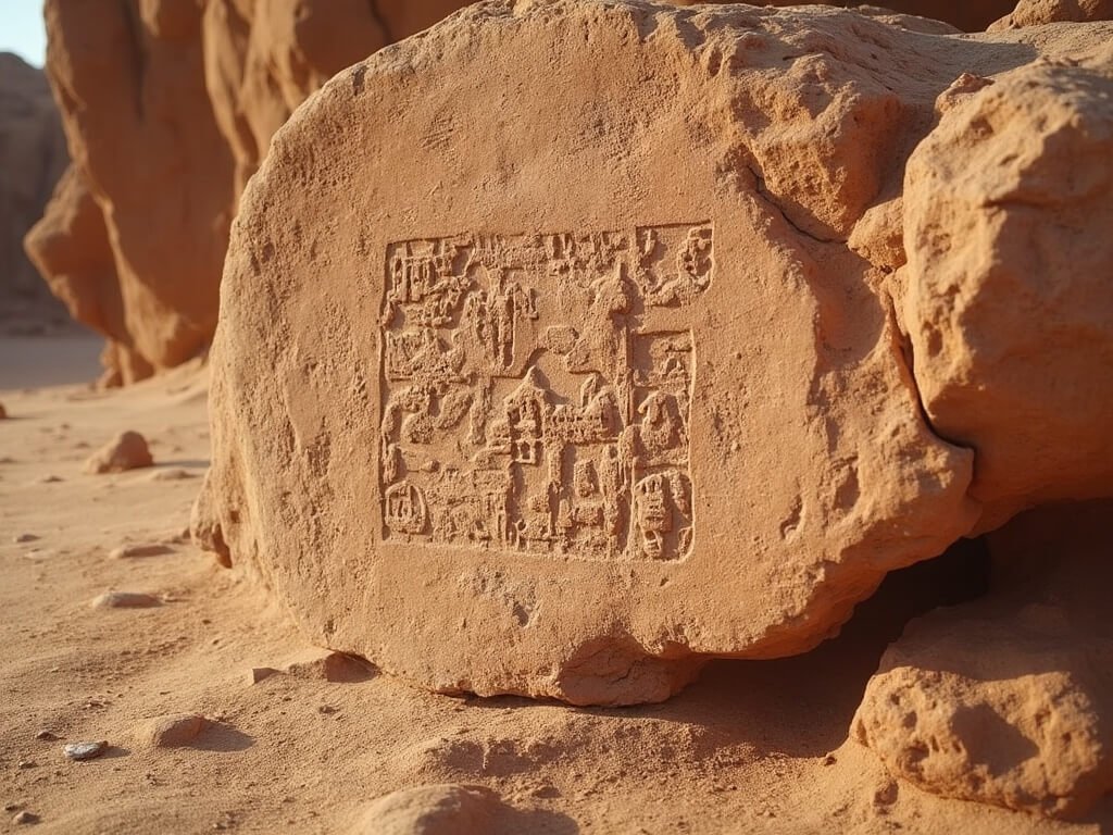Ancient Bedouin petroglyphs etched into a reddish-brown rock surface in desert setting
