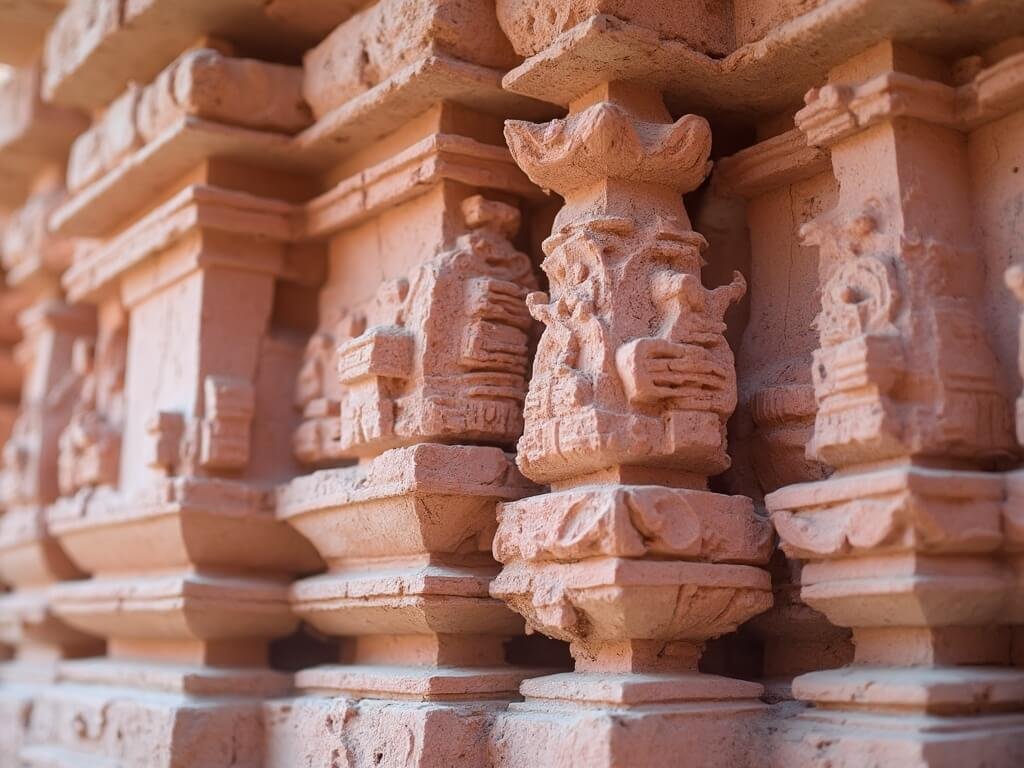 Macro photography of intricate textures and erosion patterns on pink sandstone from a centuries-old temple carving