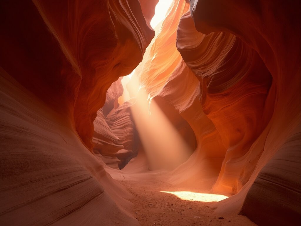 Antelope Canyon's sandstone passageways highlighted by ethereal golden-orange sunlight filtering through narrow openings