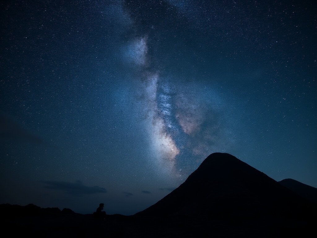 Nighttime view of Aogashima's volcanic silhouette under a brilliant starscape showcasing the Milky Way due to the island's exceptionally low light pollution