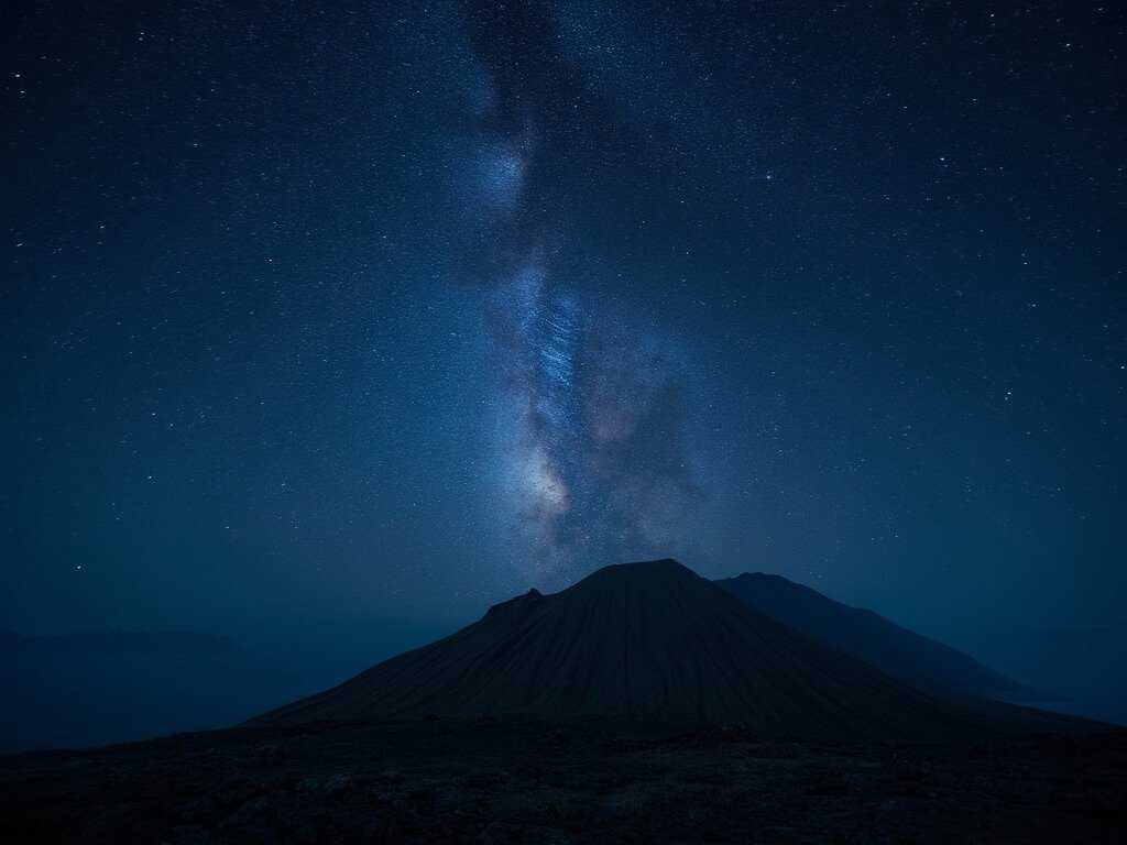 Starry night over Aogashima Island with volcanic peaks silhouettes, highlighting isolation and natural beauty with the Milky Way stretching across the sky