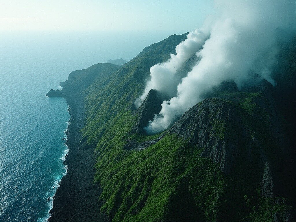 Aerial view of Aogashima Island featuring rugged volcanic landscape, lush green camellia plantations and deep blue ocean, with steam rising from volcanic vents