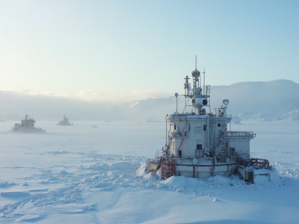 Scientific research station with weather monitoring machinery in Ny-Ålesund, set against Arctic landscape under soft diffused light
