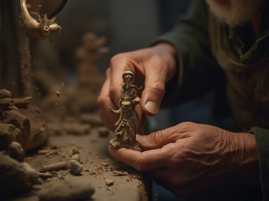 Elderly artisan's hands meticulously crafting a traditional presepi figurine in a cozy Trastevere workshop, highlighted by soft natural light