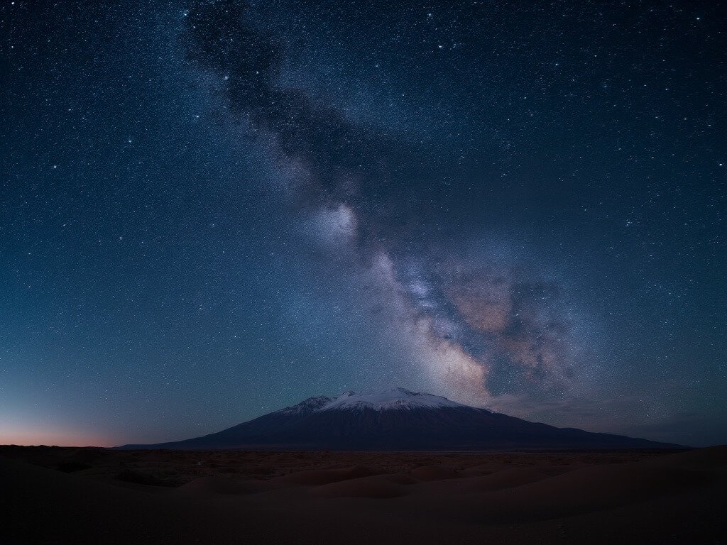 Panoramic view of starry night sky and Milky Way over Atacama Desert with silhouette of volcanic mountains in the background