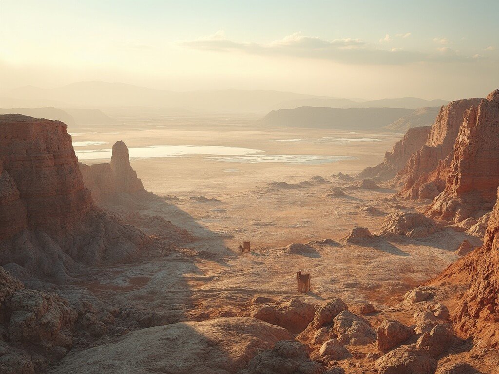 Panoramic view of Atacameño landscape with salt flats, rocky deserts, stone markers and distant dwellings during golden hour