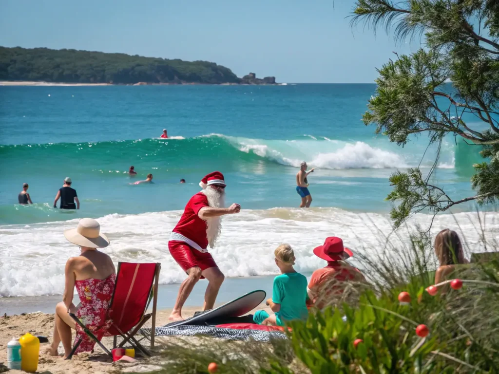 "Santa Claus surfing on a sunny Australian beach crowded with families celebrating Christmas, engaging in a barbecue under blooming pohutukawa trees, playing cricket, and enjoying a feast of prawns and cold drinks, with Australian landmarks in the background and a kangaroo donning a Santa hat."