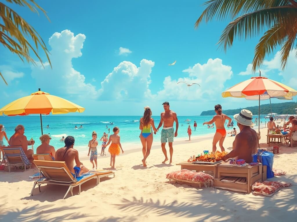 Families celebrating a sunny Australian Christmas on the beach with a barbecue, colorful umbrellas, and festive swimwear, under clear blue skies beside turquoise ocean waters.