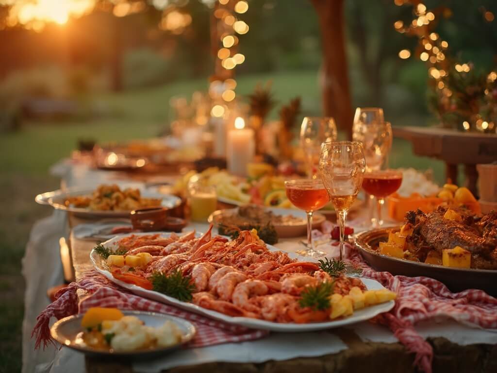 Australian Christmas feast on an outdoor table featuring fresh prawns, tropical fruits, barbecued meats, multicultural dishes, with blurred festive decorations and a sunset in the background