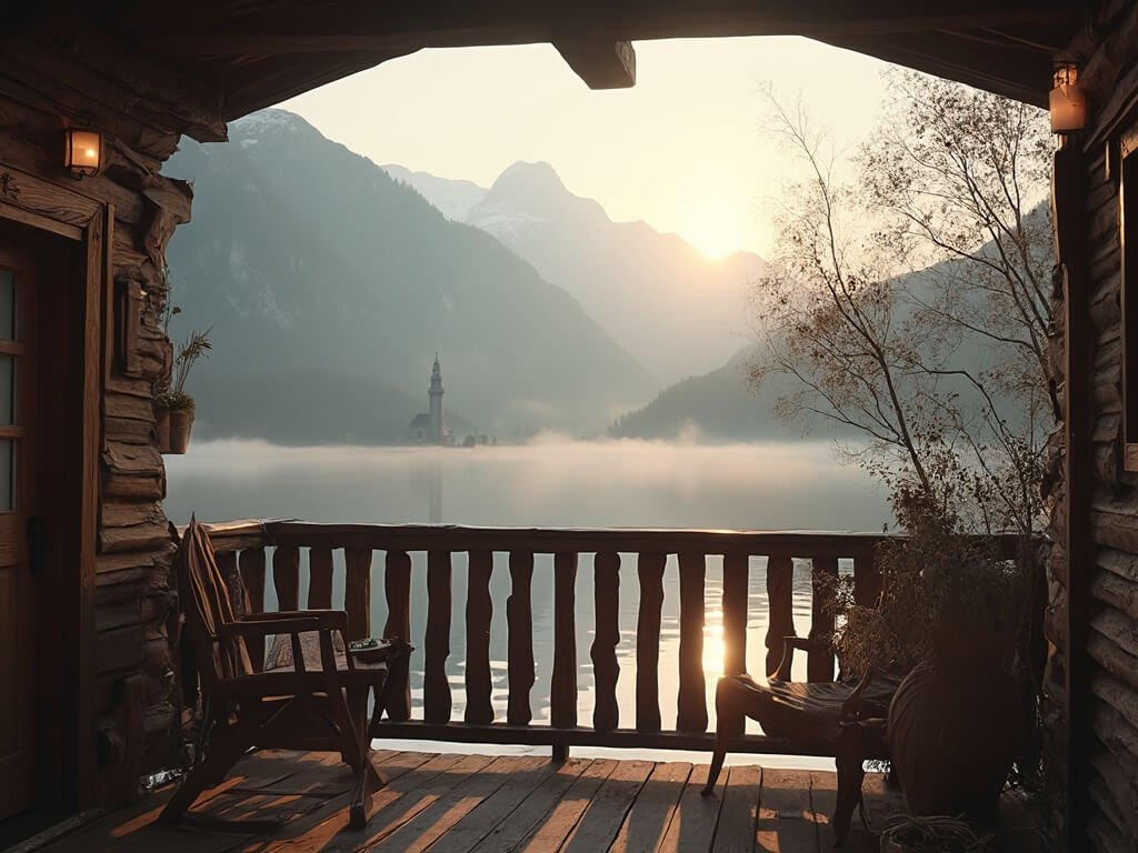 Dawn at traditional Austrian guesthouse balcony overlooking misty alpine lake with distant church spire and mountain silhouettes, wooden railing in foreground