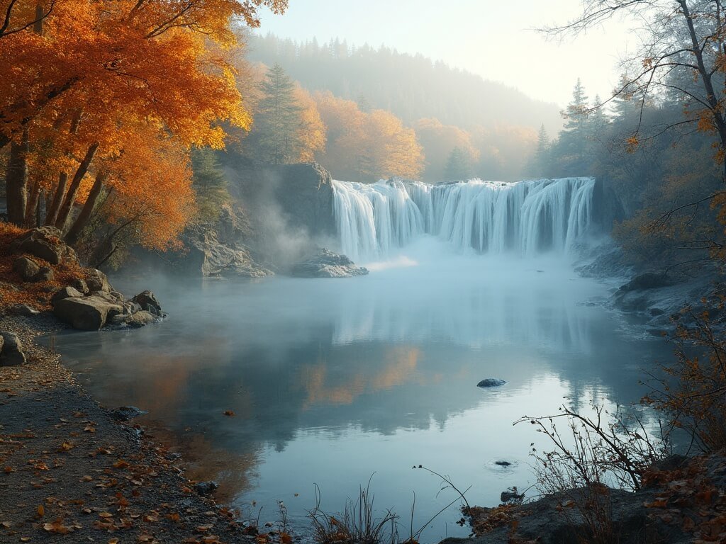 Misty lake with vibrant autumn foliage reflected in clear water, partially frozen waterfalls in background, and soft morning light