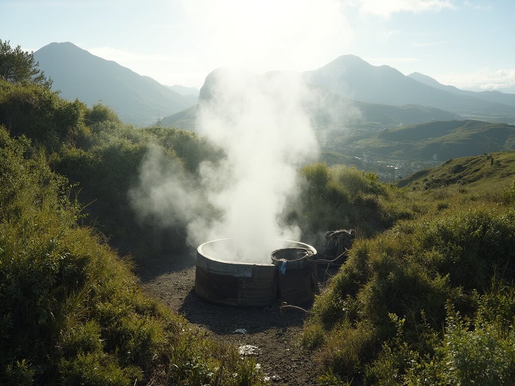 Geothermal cooking scene in traditional Azorean landscape with steam rising from 'cozido' preparation pit, lush green volcanic terrain and distant volcanic mountains under soft natural light