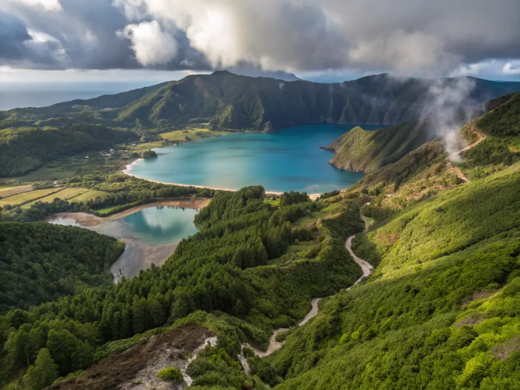 "Aerial view of São Miguel Island, Azores, featuring hot springs, turquoise pools, twin crater lake, black sand beach, Atlantic Ocean, misty volcanic peaks and rolling green hills under soft light."