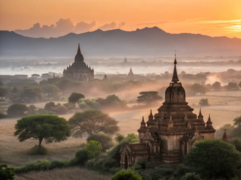 "Aerial view of golden sunrise over Bagan, Myanmar highlighting vast landscape of 2,000+ ancient Buddhist temples emerging from morning fog along the Irrawaddy River"