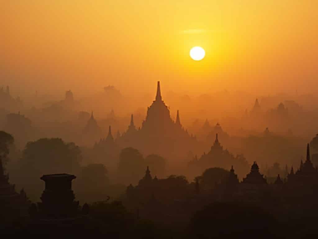Sunrise illuminating the misty Bagan temple complex with silhouetted e-bike in foreground