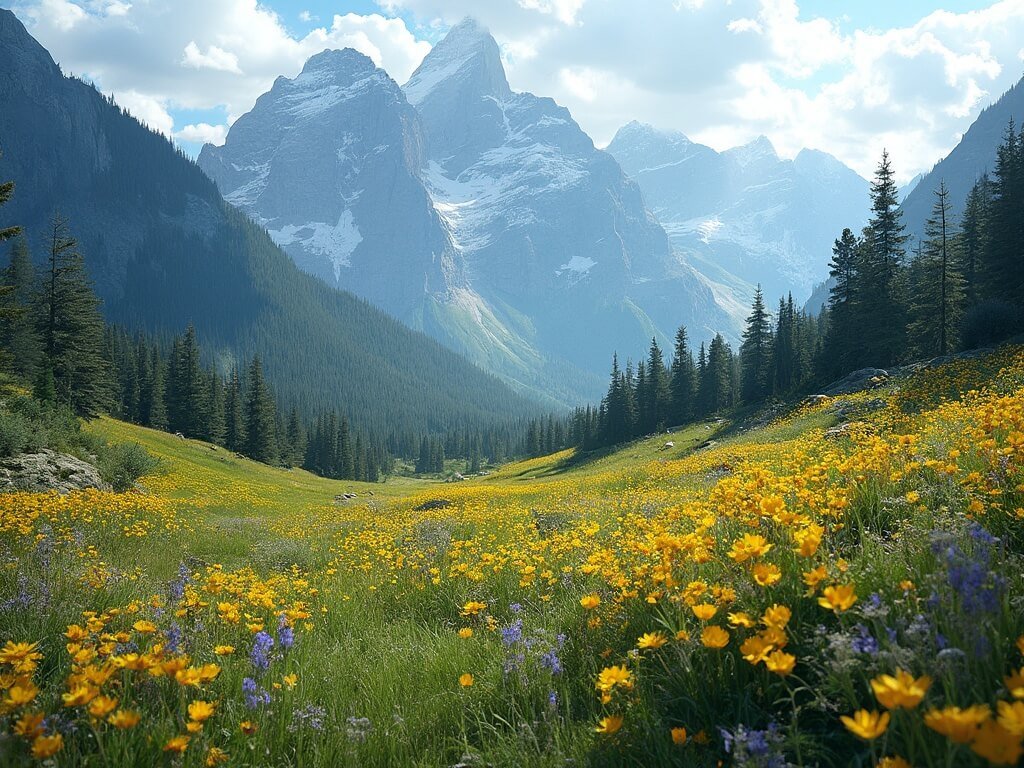 Alpine meadow full of vibrant wildflowers with massive Rocky Mountain peaks in the backdrop, illustrating the biodiversity and ecological complexity of Banff National Park