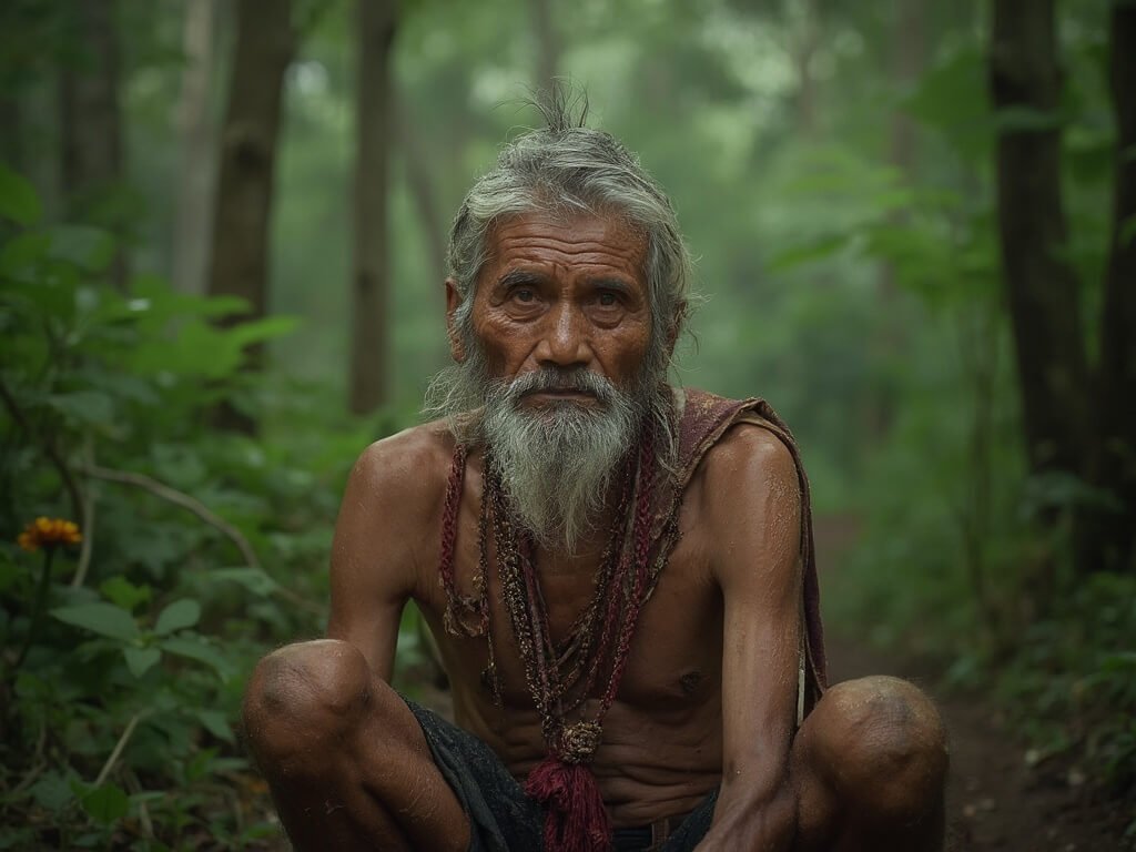 Elderly Batak tribe member in traditional outfit, seated in a rainforest, emanating wisdom and deep connection to nature
