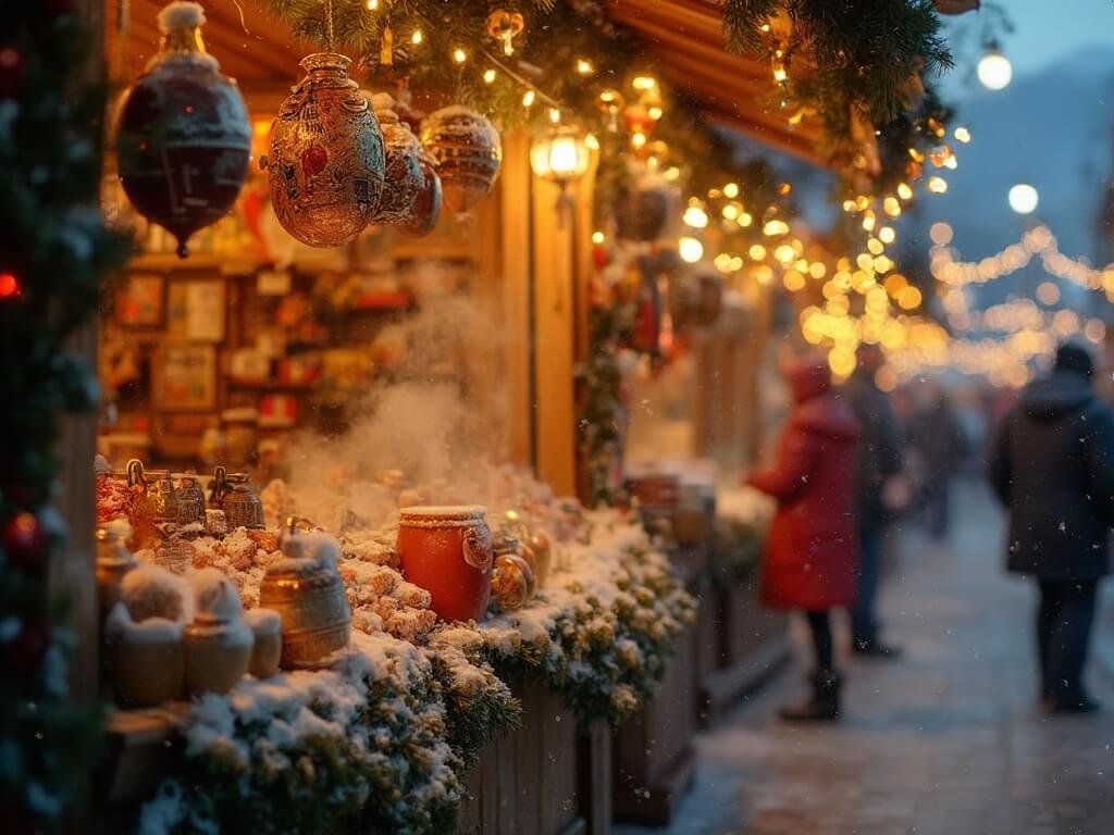 Close-up of a traditional Bavarian Christmas market stall at dusk, adorned with intricate wooden ornaments, local vendors, and warm lights, surrounded by softly falling snow and steamy mugs of Glühwein, with blurry festive market in the background