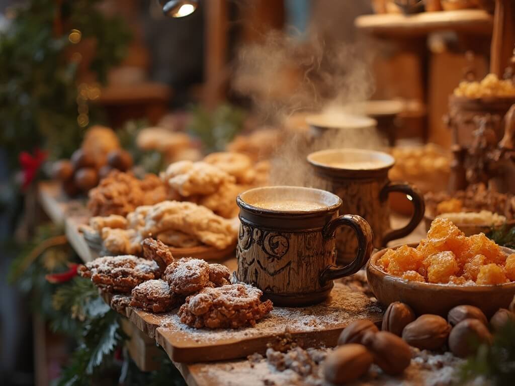 Close-up of traditional Bavarian Christmas market food including Lebkuchen, roasted chestnuts, and hot Glühwein in a mug, with blurred wooden market stall background