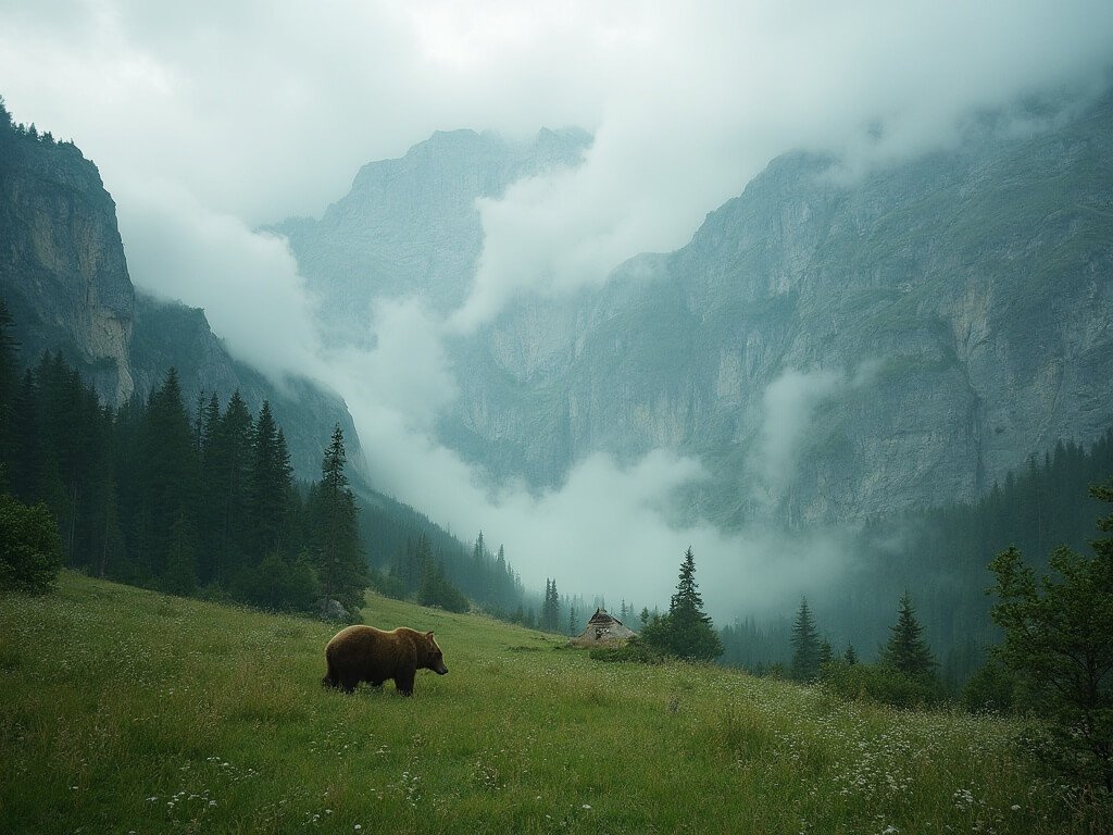 Lone brown bear wandering in Piatra Craiului National Park with misty limestone mountains and dense forest in the background