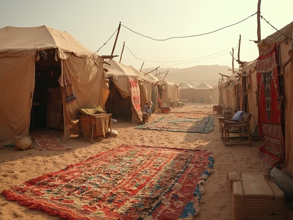 Traditional Bedouin camp with intricate woven rugs and low-profile tents illuminated by soft morning light