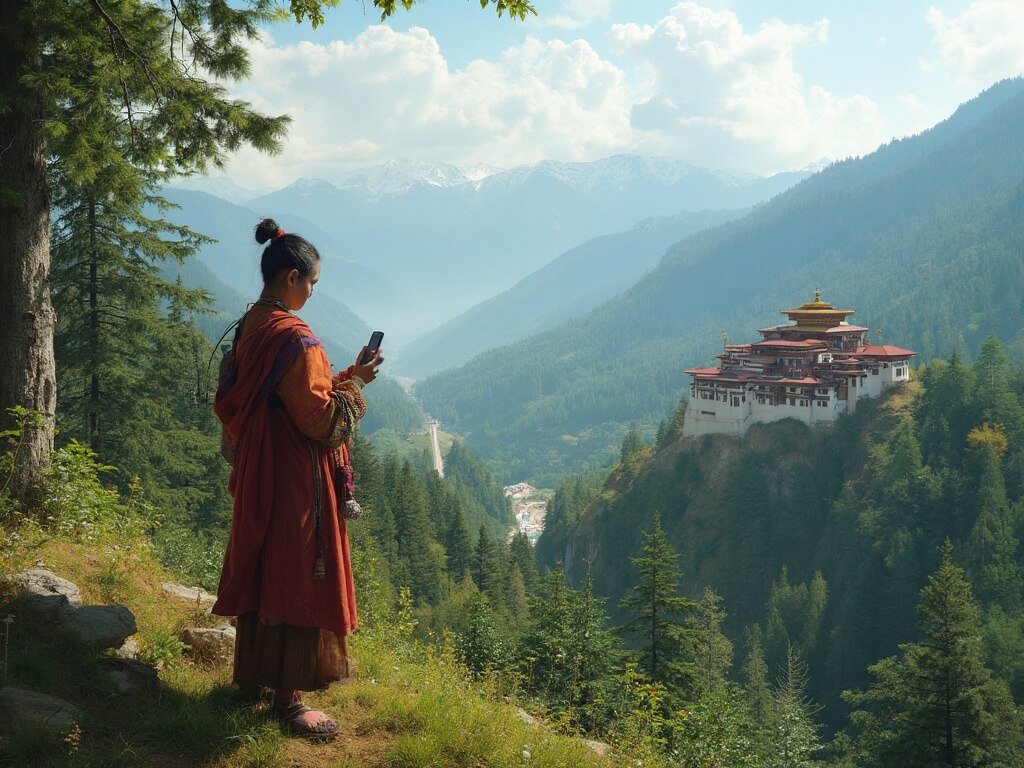 Young Bhutanese individual in traditional gho outfit holding a smartphone at the forest edge, with a blend of modern town and traditional dzong architecture in the background, symbolizing cultural transition.