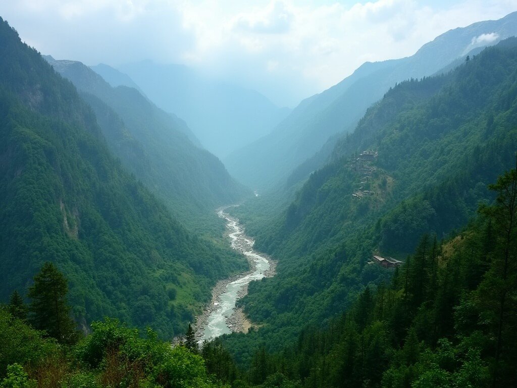 Aerial view of a lush Bhutanese valley with dense green forests, rivers and a monastery on a mountain ridge demonstrating Bhutan's dedication to environmental conservation
