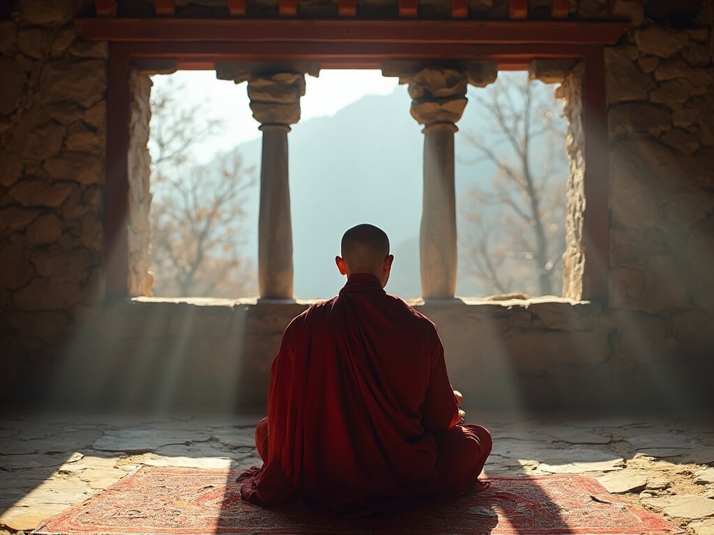 Bhutanese monk in deep red robe meditating in ancient stone monastery with soft sunlight filtering through windows, misty mountains in background