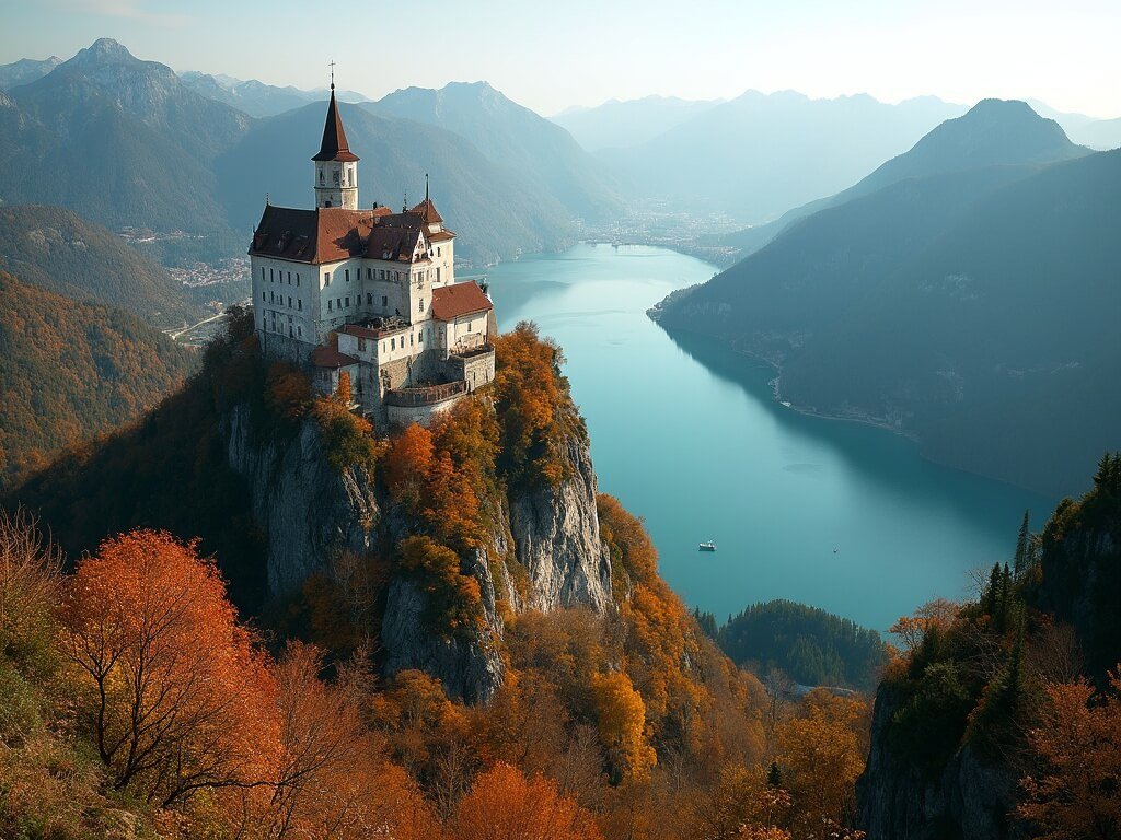 Bled Castle on a cliff overlooking Lake Bled and emerald mountains under autumn sunlight
