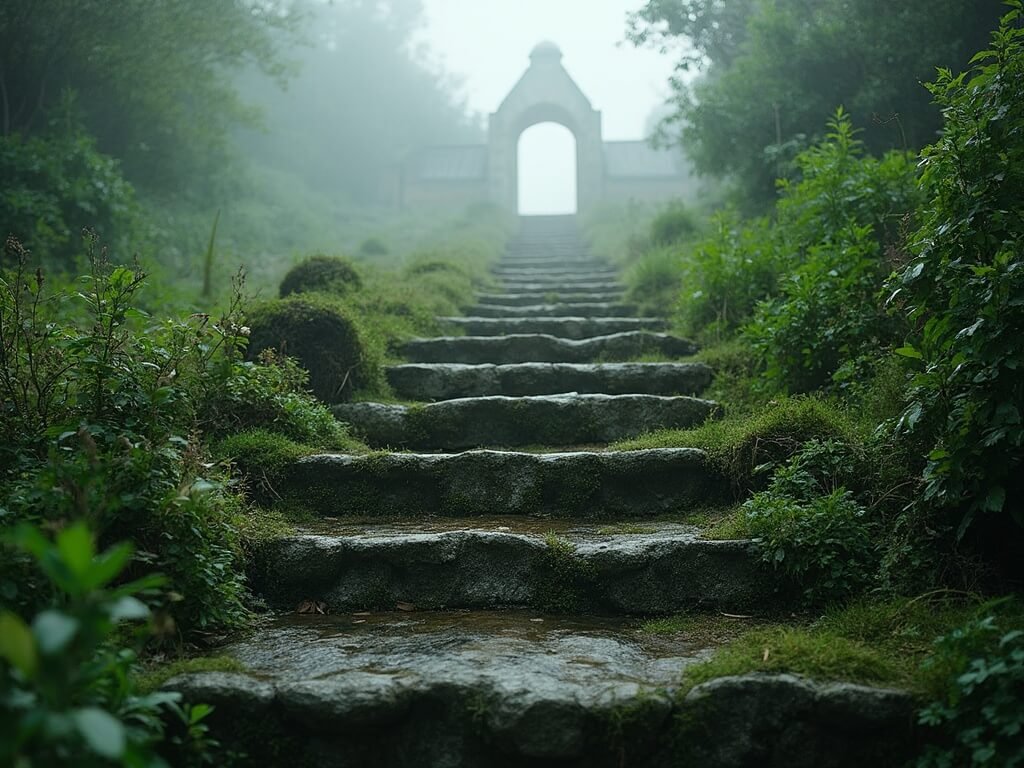 Moss-covered stone steps leading to the Church of the Assumption of Mary on Bled Island, surrounded by green vegetation in early morning mist