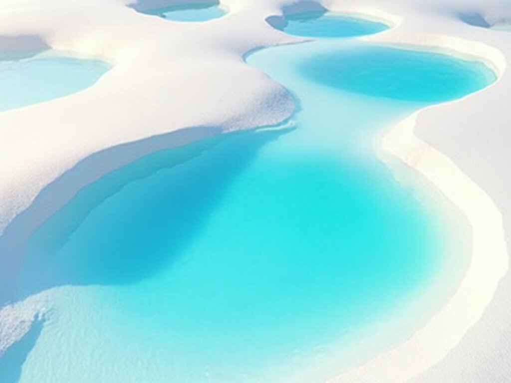 Bright blue lagoons between white sand dunes reflecting the sky, creating surreal geometric patterns during golden hour