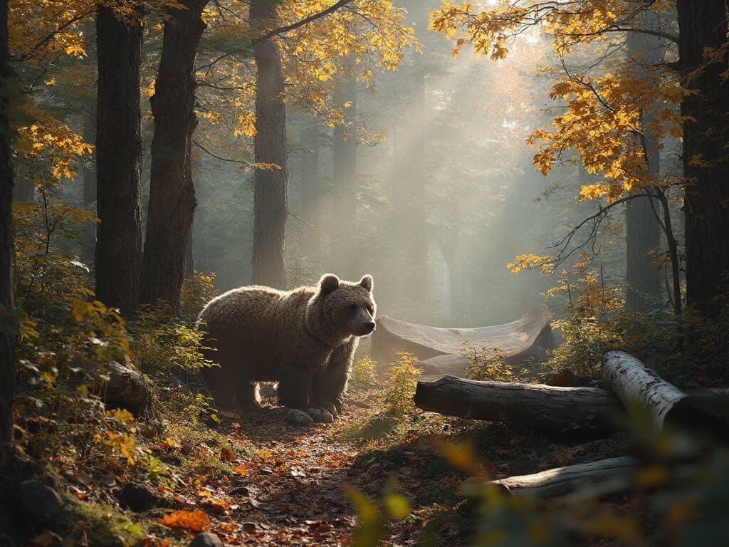 Brown bear partially hidden amongst the autumn-colored forest in a serene, pristine national park