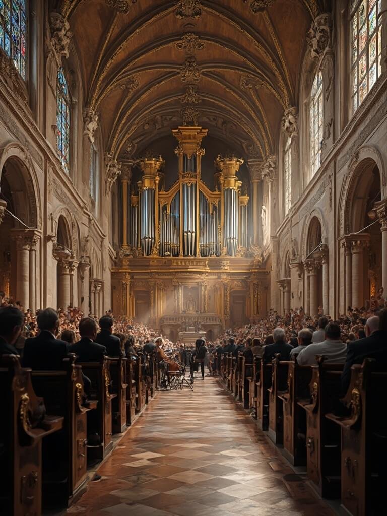 Panoramic view of a classical organ concert in a historic Budapest basilica with soft winter light shining through stained glass windows, musicians elegantly positioned, empty wooden pews and rich baroque architectural details.