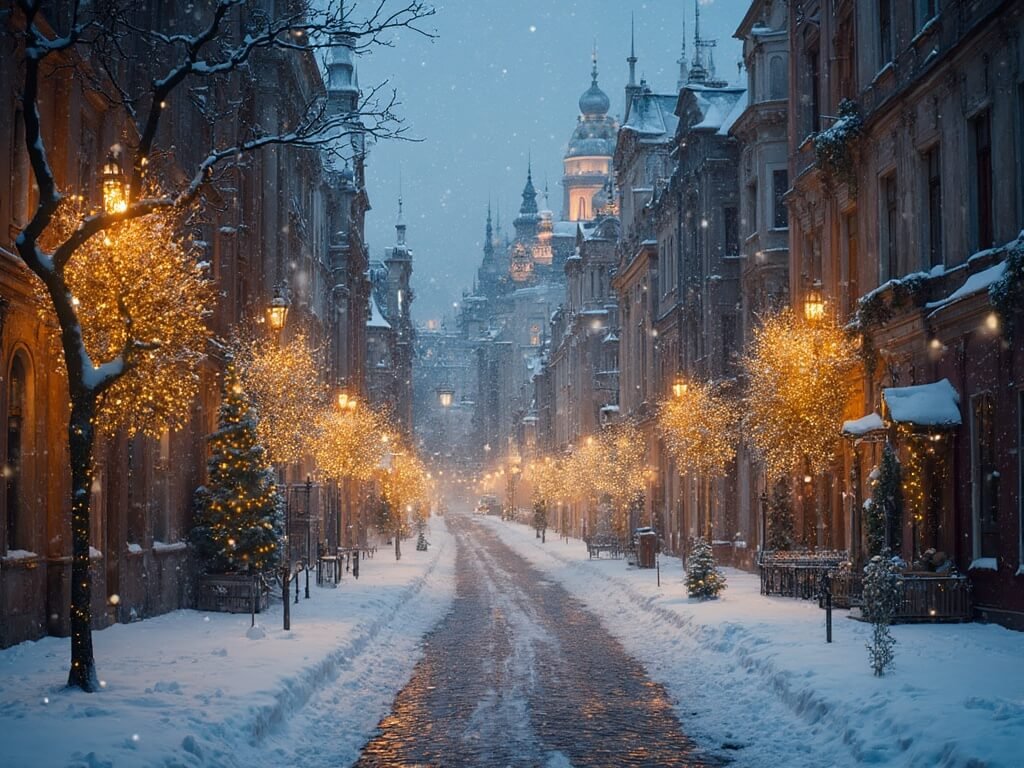 Snow-covered cobblestone street in Budapest during Christmas season with illuminated baroque buildings in the evening