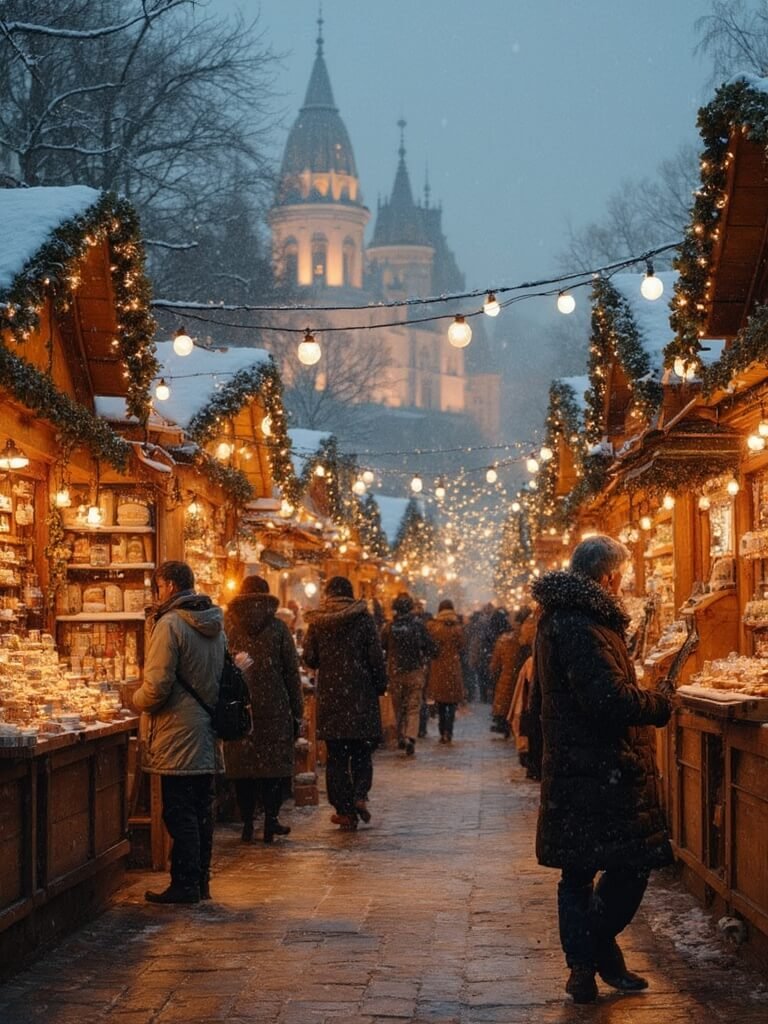 Bustling Christmas market in Budapest with local artisan vendors, sustainable handmade products, people in winter coats, gentle snowfall, historic architecture and warm market lights creating a soft atmospheric glow