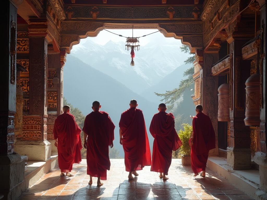 Bhutanese Monks in crimson robes walking through monastery courtyard with prayer wheels and ornate wooden architecture, with panoramic mountain valley in the distance