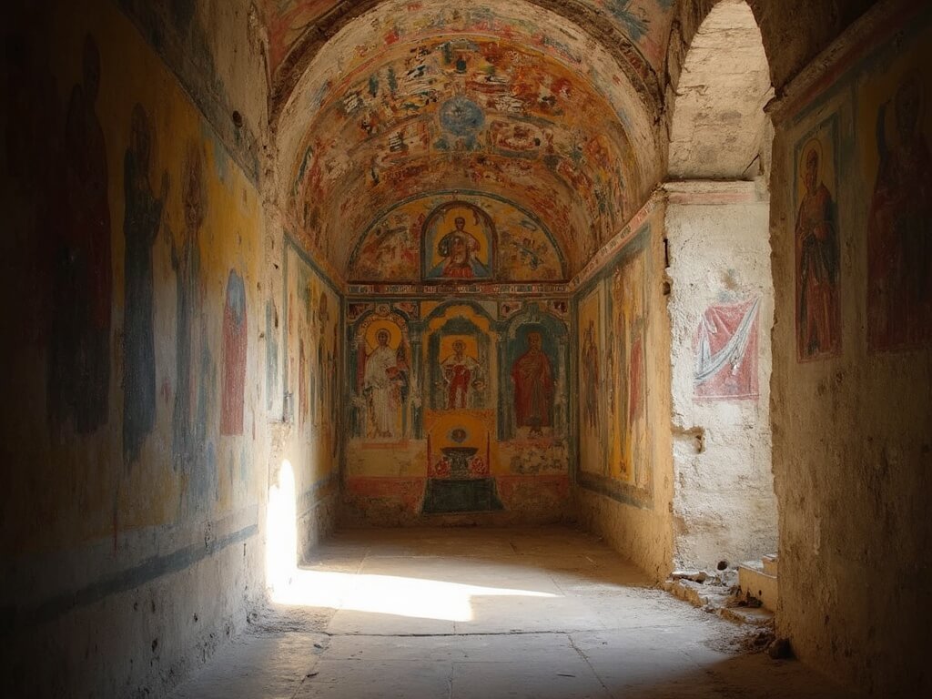 Byzantine fresco inside a monastery illuminated by soft natural light, showcasing intricate religious artwork and rich cultural heritage