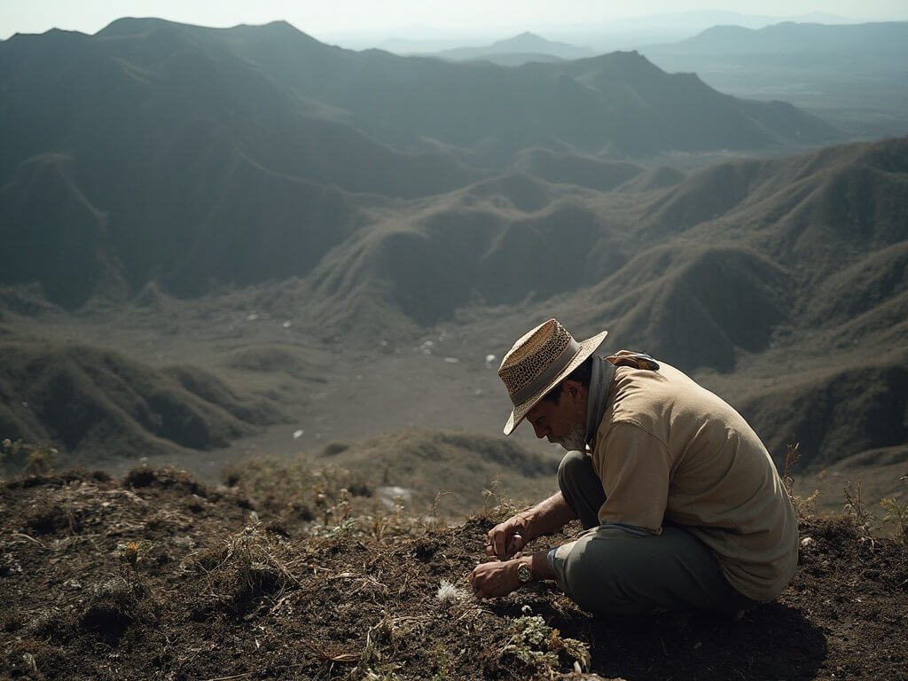 Local resident tending to traditional camellia farm amidst complex volcanic landscape, under soft natural light highlighting intricate textures