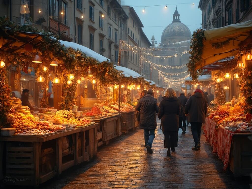 Vibrant Christmas market at Campo de' Fiori showcasing local delicacies at vendor stalls, twinkling lights overhead, and historic square architecture in the background.