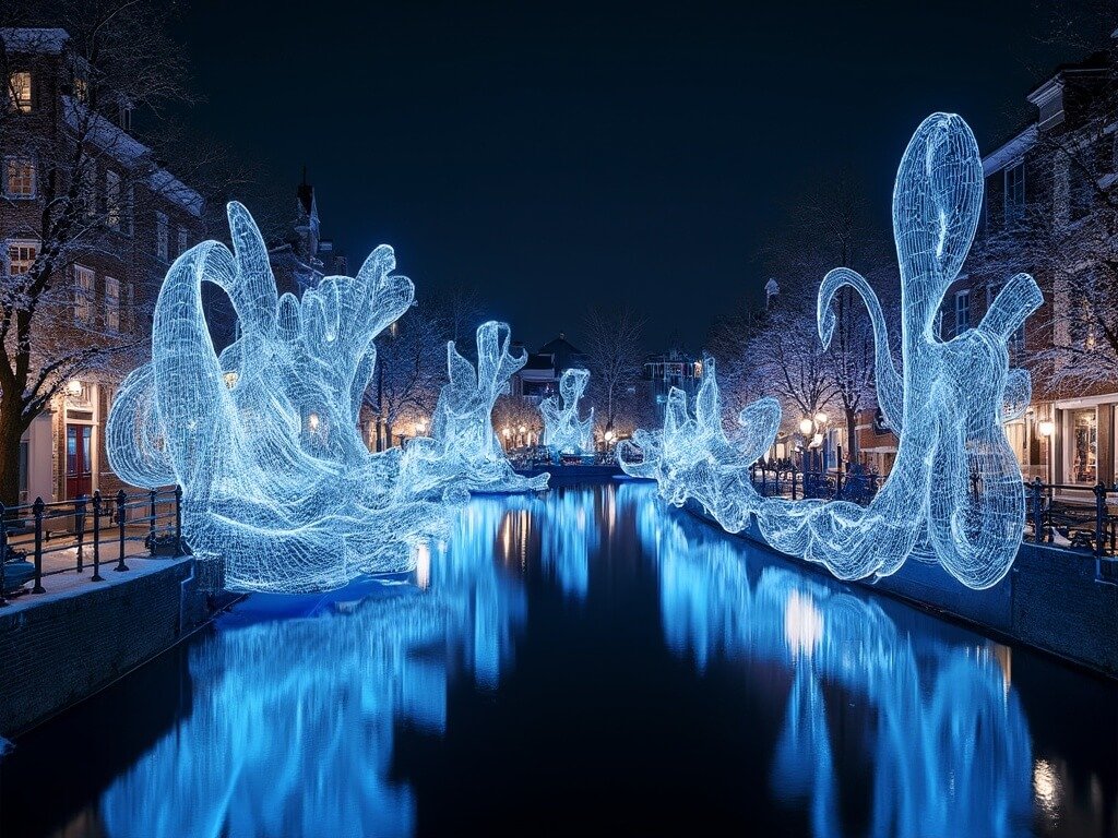 Artistic light installation reflecting on a canal at night, illuminating surrounding historic houses in soft blue and white tones