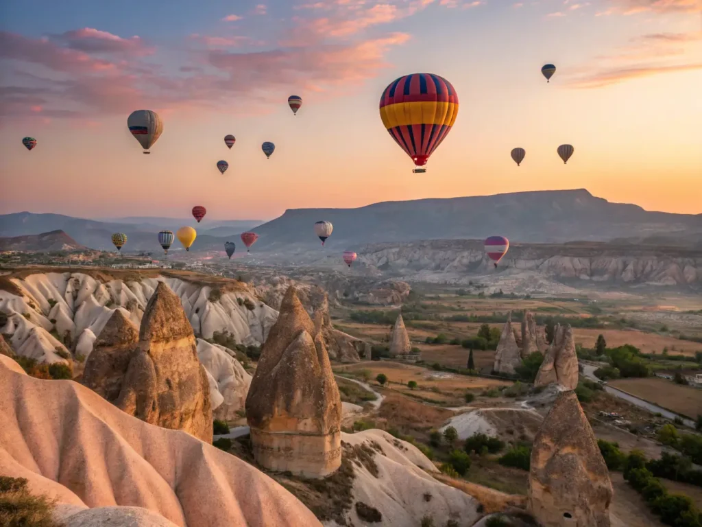 "Dawn over Cappadocia, Turkey with hot air balloons over fairy chimney rock formations of Göreme Valley and Mount Erciyes in the distance"
