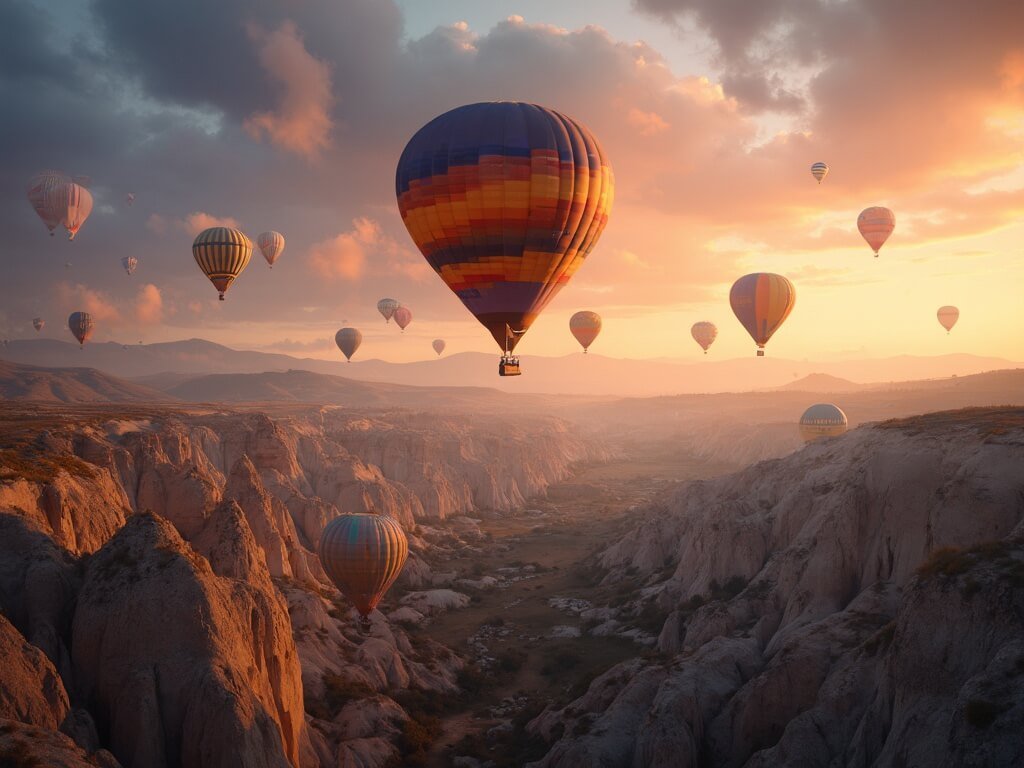 Hot air balloons floating over Cappadocia's rock formations and valleys at dawn