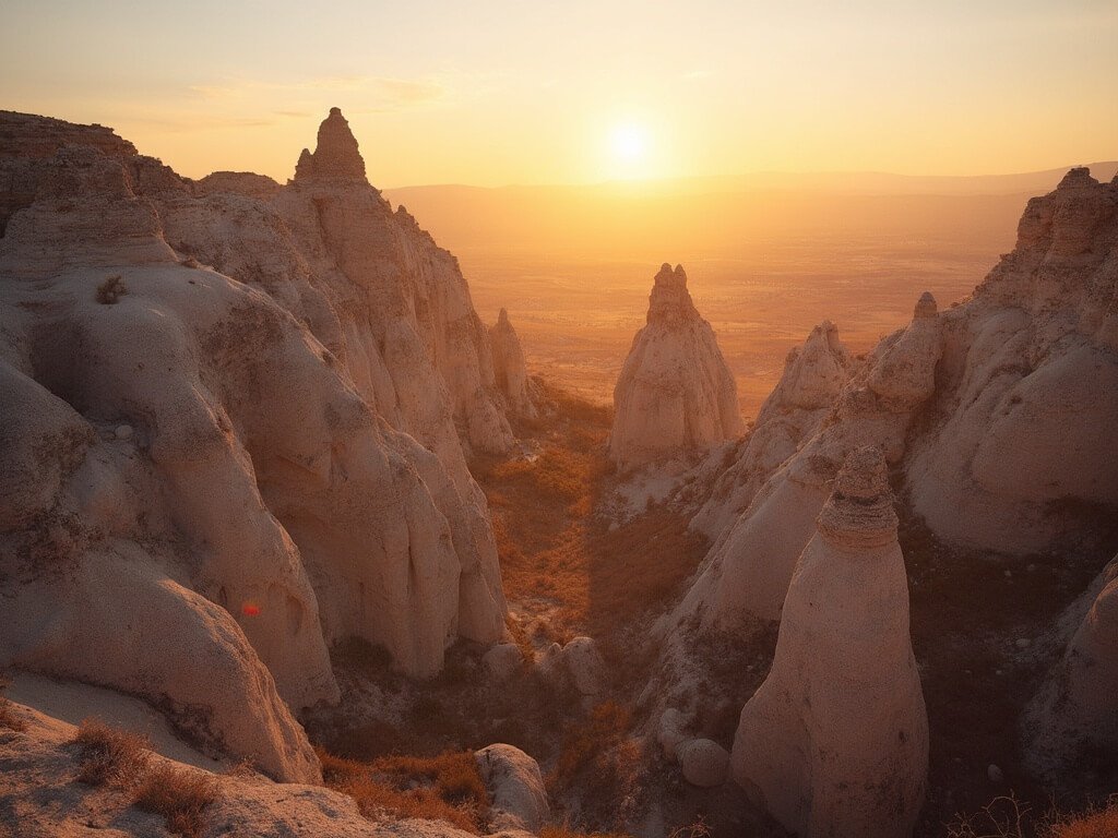 Sunrise illuminating the unique volcanic rock formations and fairy chimneys in Cappadocia viewed from an elevated perspective
