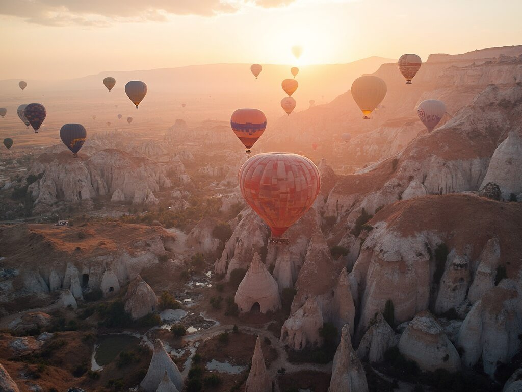 Aerial sunrise view of Cappadocia with colorful hot air balloons above fairy chimney rock formations