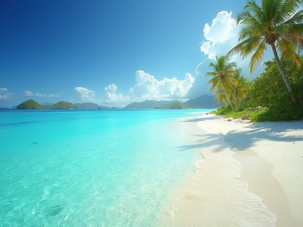 White sandy beach with turquoise Caribbean waters, small tropical islands, palm trees on the shoreline, and a soft morning sunrise.